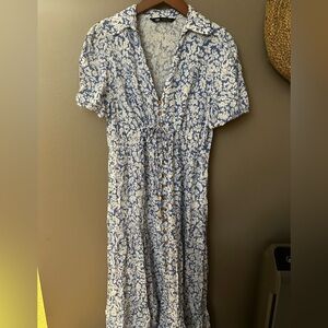 Zara Blue and White Patterned Midi Dress